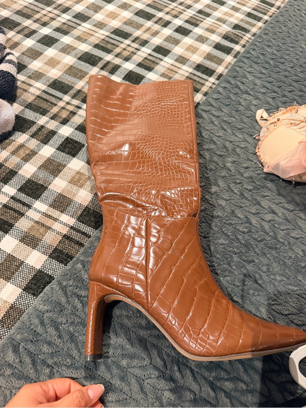 New York & Company Croc-Embossed Mid-Calf Heel Boot - Tan/Brown